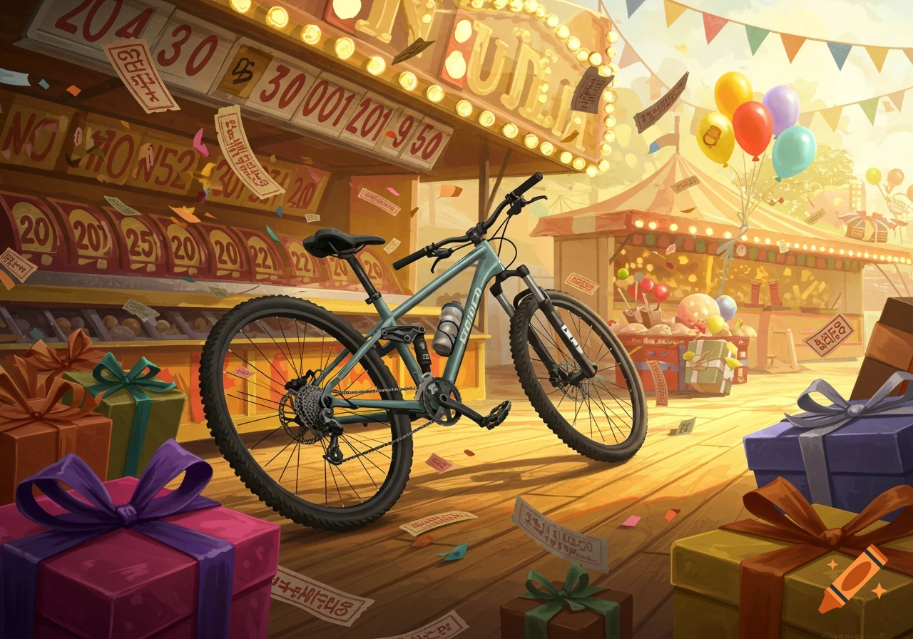 An illustration of a light blue mountain bike in the center of a bustling carnival raffle, surrounded by gifts, balloons, and flying tickets.