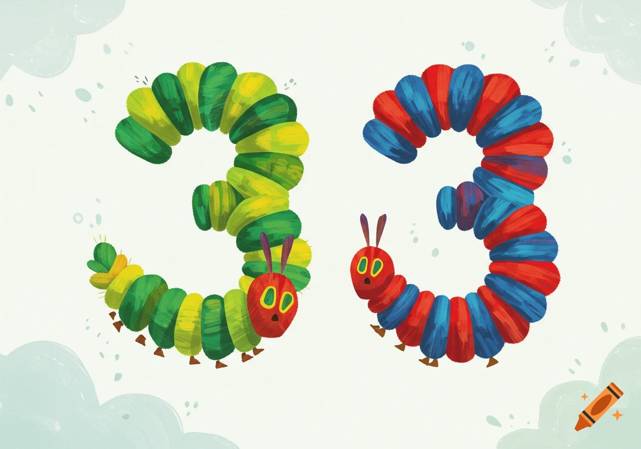 Two colorful caterpillars, one green-yellow and one red-blue, form the number 33 in a children's book illustration style.