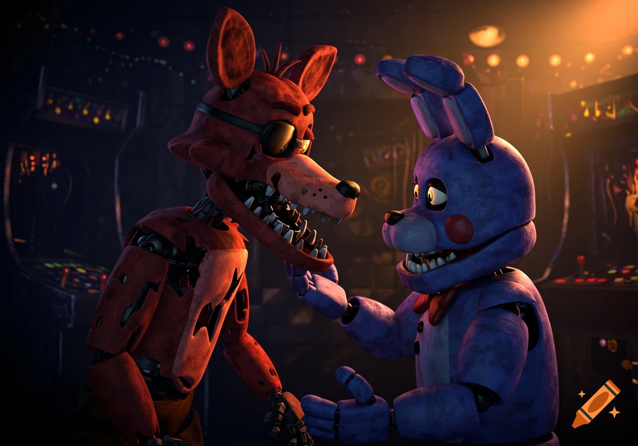Red animatronic fox Foxy nuzzles purple animatronic Bonnie in a dimly lit control room, Five Nights at Freddy's style.