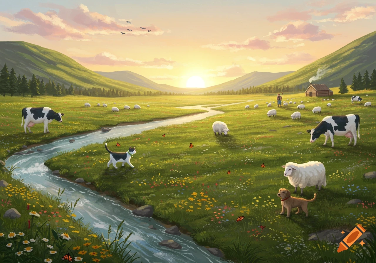 A lush, green mountain valley at sunset with a winding river, cows, sheep, a cat, a dog, a farmer, and a rustic cabin. Illustrated.