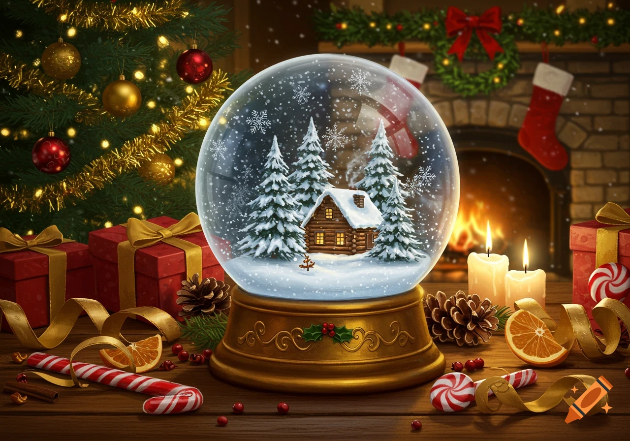 A cozy Christmas scene featuring a snow globe with a cabin, surrounded ...