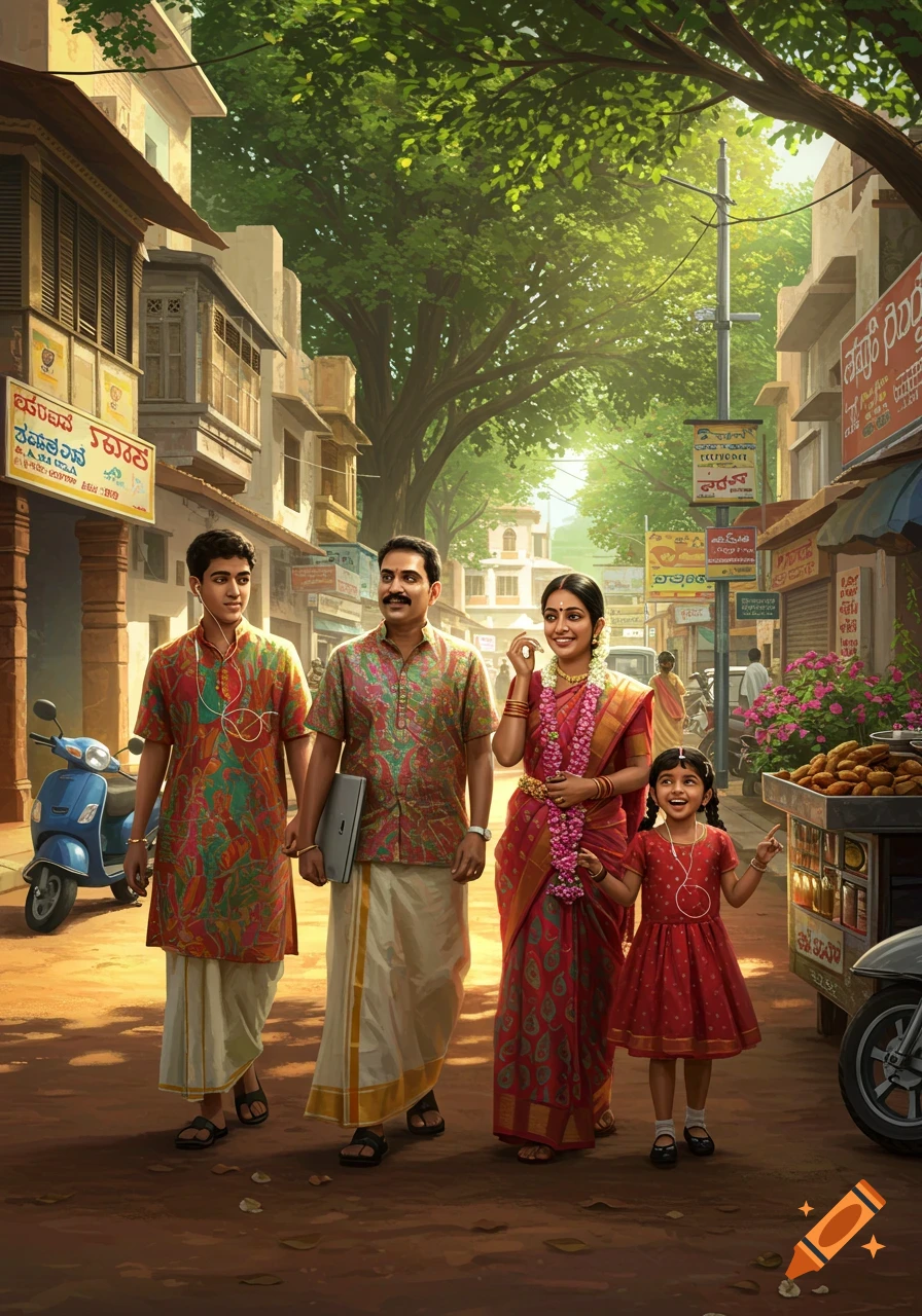 An illustrative image of an Indian family in traditional attire walking down a bustling street lined with shops and trees.
