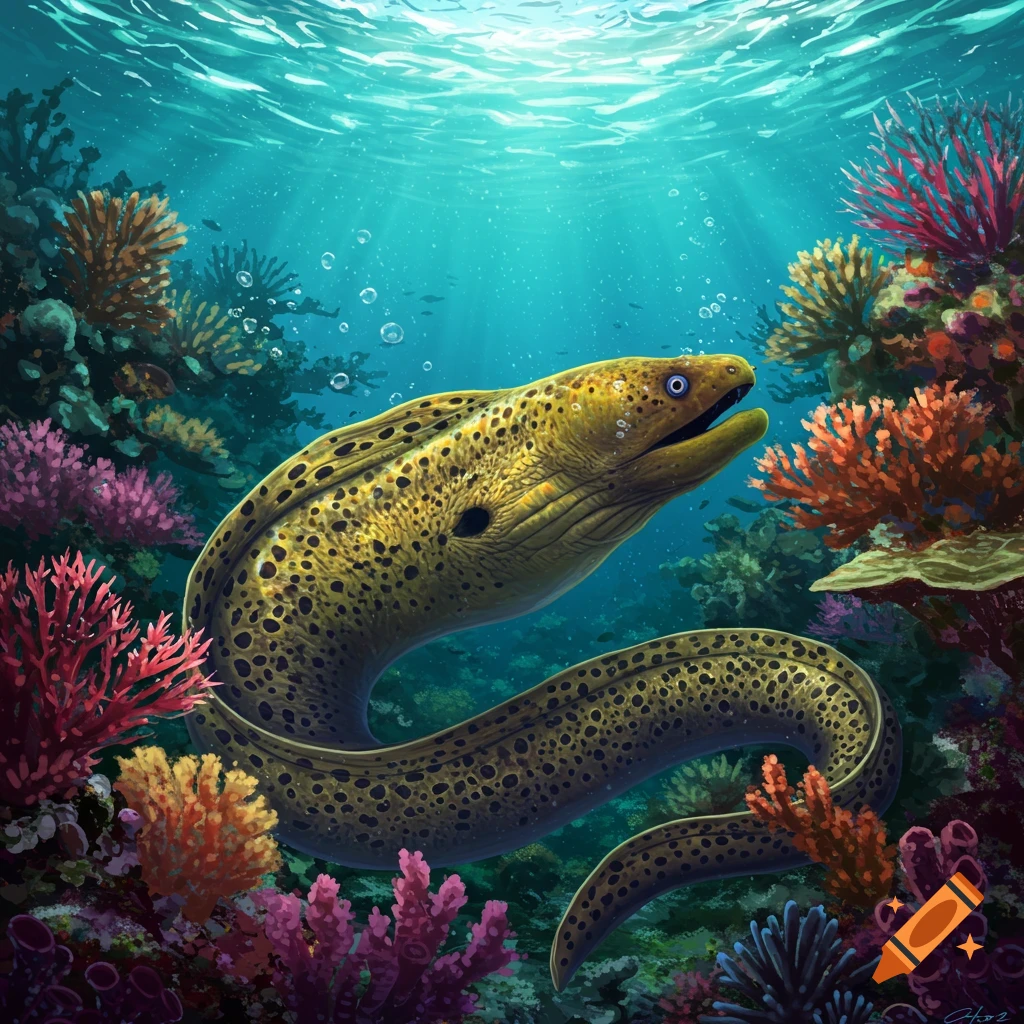 A spotted moray eel with blue eyes swims through a vibrant, colorful coral reef under sparkling blue water.