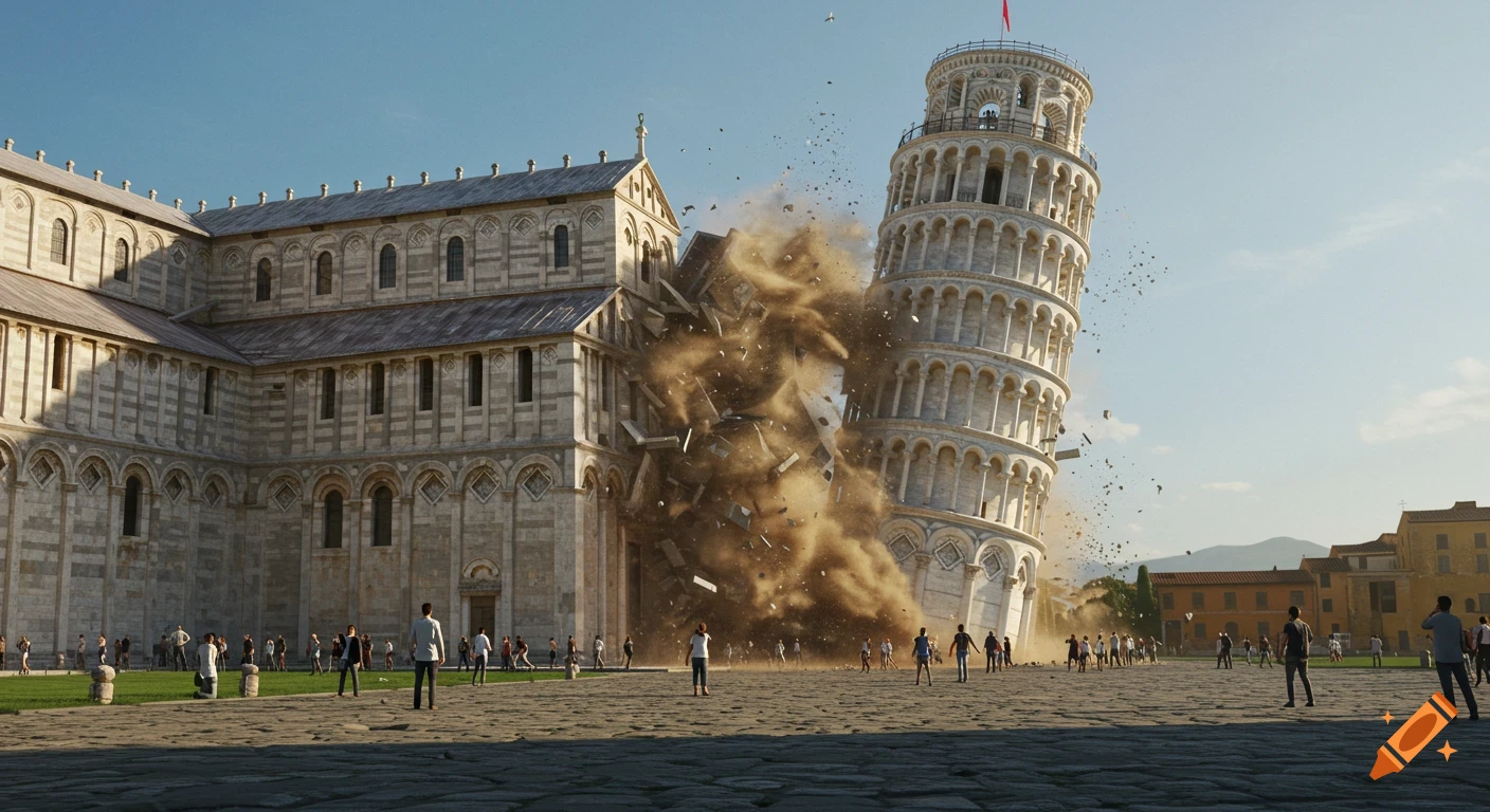 Photorealistic scene of the Leaning Tower of Pisa collapsing amidst dust and debris, with people scattered in the foreground.