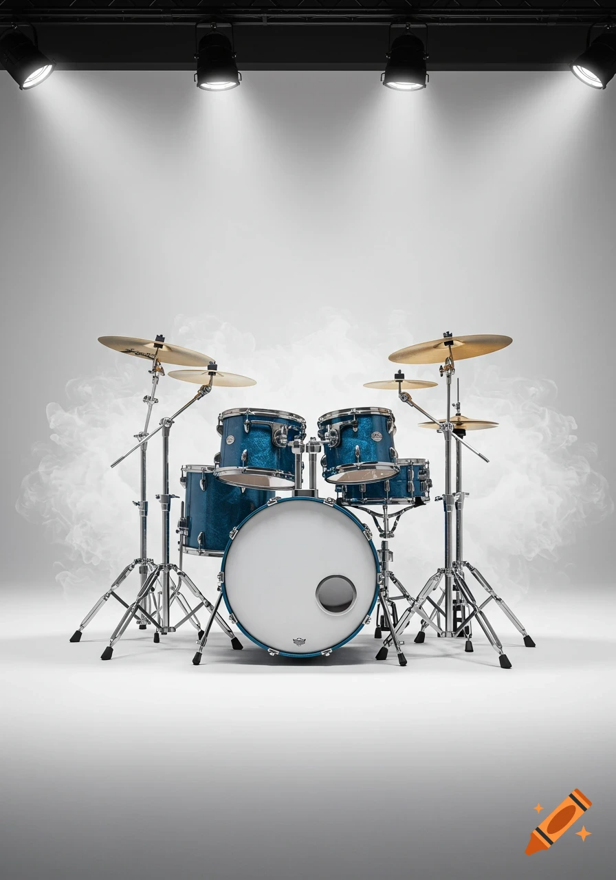 Blue sparkle drum set under spotlights on a white background with smoke.