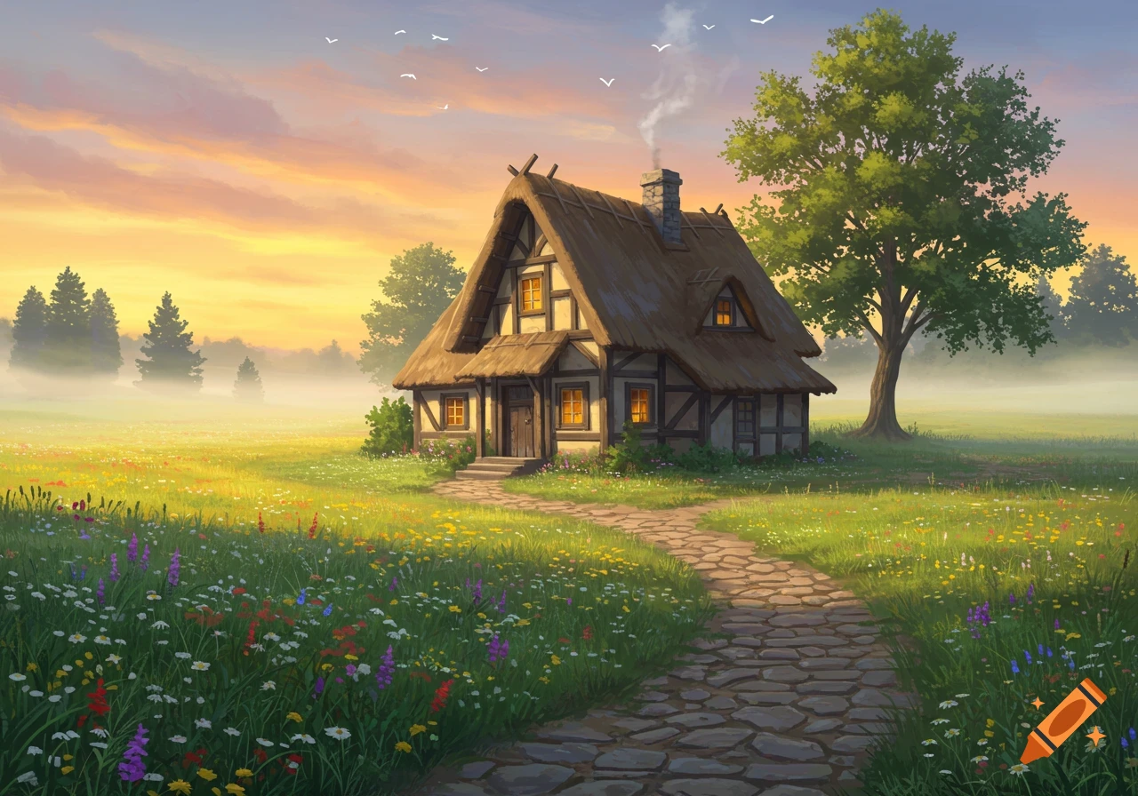A quaint thatched-roof cottage with glowing windows sits on a cobblestone path in a vibrant wildflower field at dawn. Painted style.