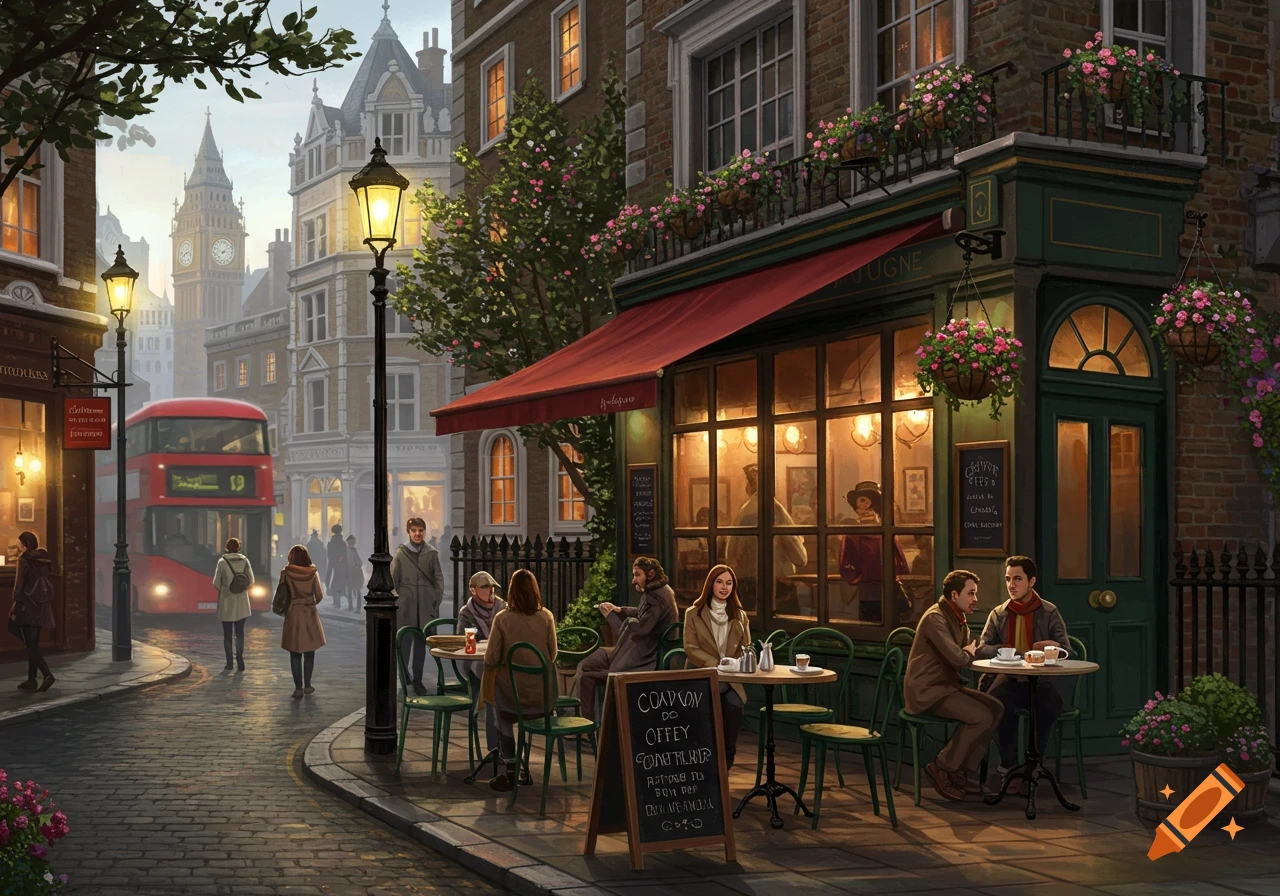 A charming painting of a bustling London street at dusk, with people outside a cafe, a red double-decker bus, and Big Ben.