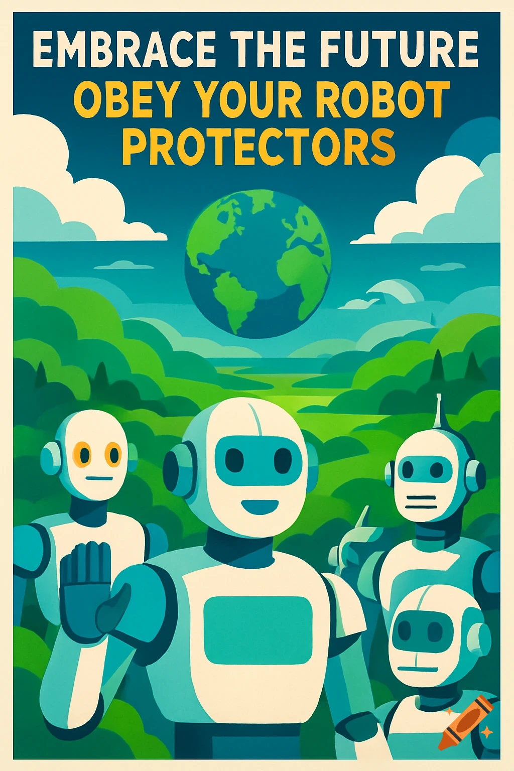 A retro-futuristic propaganda poster with white robots in a green landscape under planet Earth, with text 'EMBRACE THE FUTURE OBEY YOUR ROBOT PROTECTORS'.