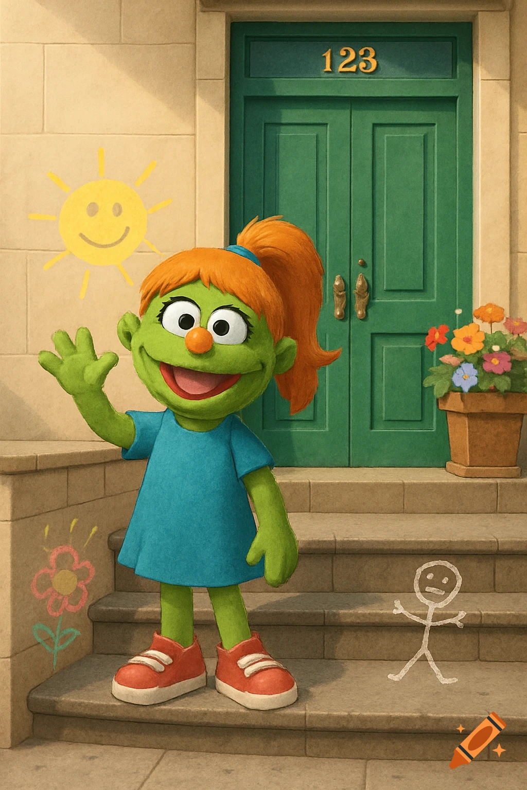 A cheerful green Muppet-style puppet with orange hair, Melissa, waves in front of a green door marked '123' with chalk drawings and a flowerpot.