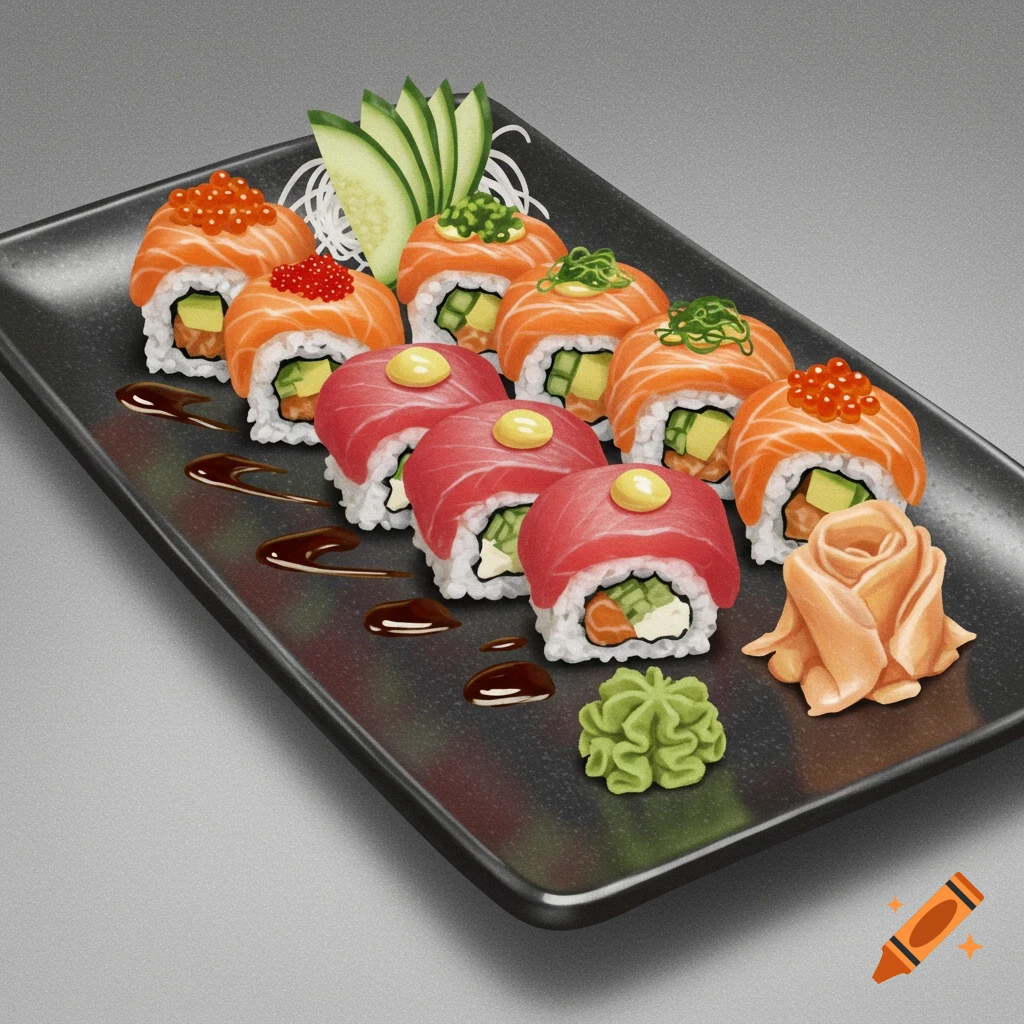 Stylized illustration of a large black platter of sushi rolls, featuring salmon, tuna, roe, wasabi, and ginger.