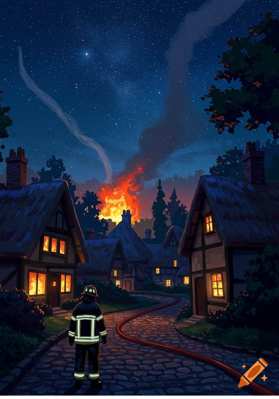 Stylized illustration of a firefighter in a village at night, facing a large building fire under a starry sky.