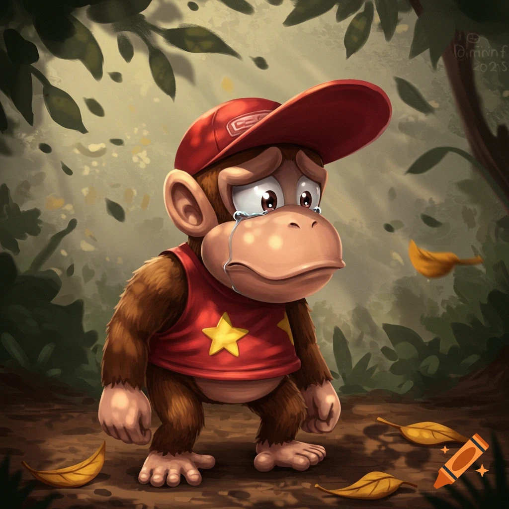 A sad Diddy Kong, a brown monkey in a red cap and shirt with a yellow star, cries with tears streaming down his face in a forest.