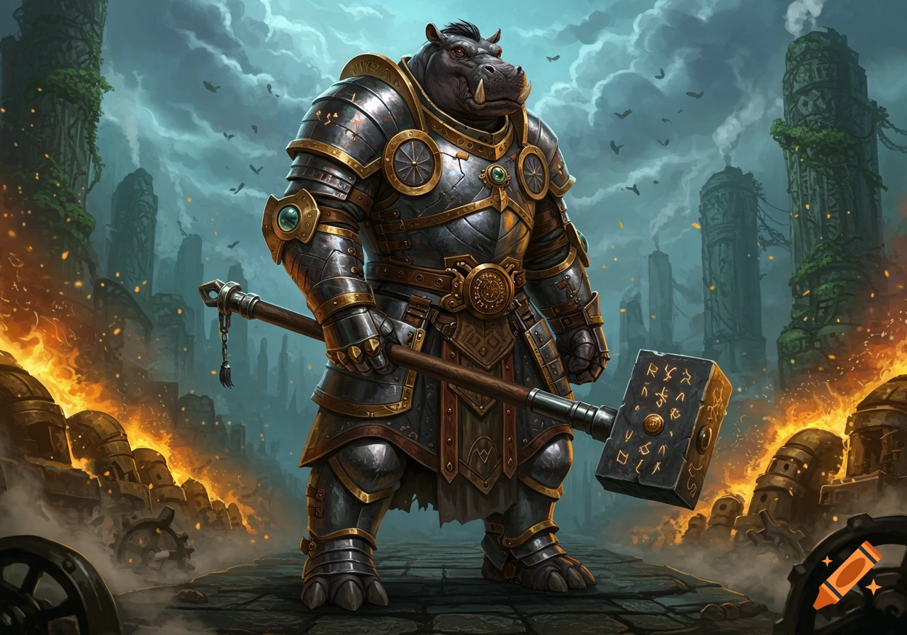 An armored Giff creature with a warhammer stands in a fiery, ruined fantasy landscape.