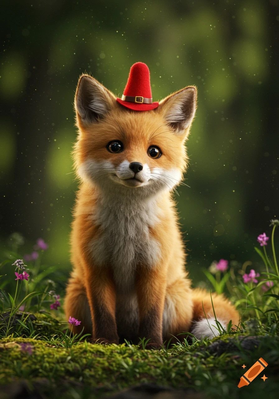 A cute, fluffy fox cub wearing a small red hat sits in a lush green forest with small flowers.