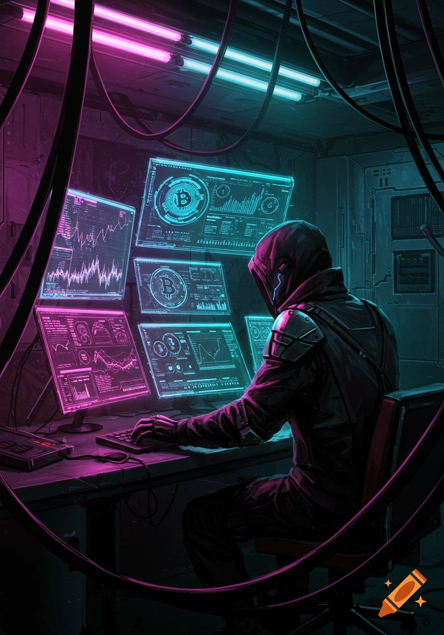 A person in a hoodie and cybernetic arm pieces sits at a desk in a dark, neon-lit room, typing on a keyboard while surrounded by multiple glowing screens displaying cryptocurrency data and graphs in a cyberpunk style.