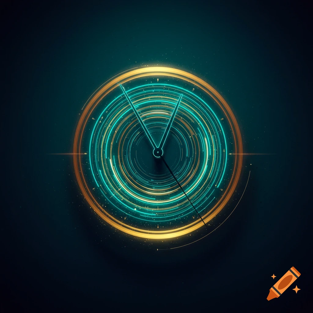 A hypnotic, abstract clock with glowing teal and gold concentric circles on a dark background.