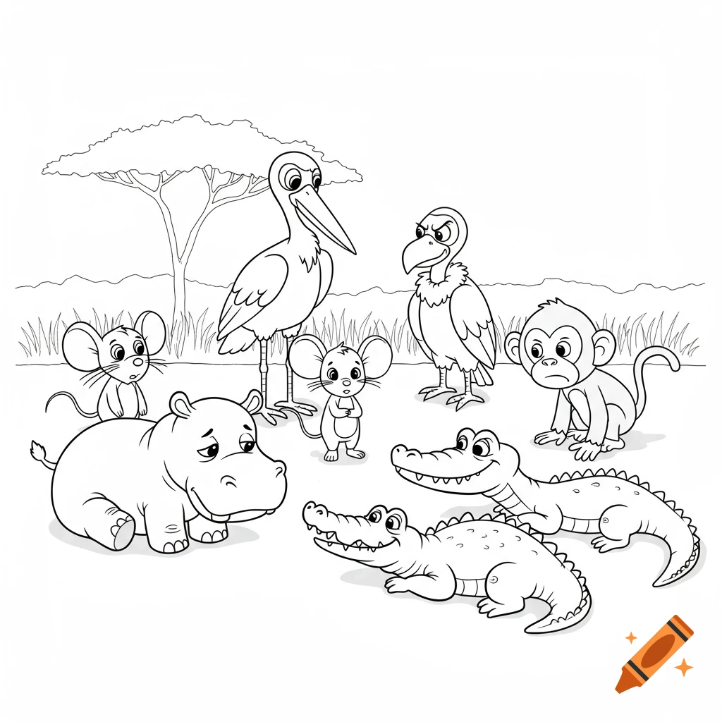Black and white cartoon coloring page of savanna animals: a sad hippo, nervous mouse, angry vulture, disgusted monkey, two laughing crocodiles, and a friendly stork.