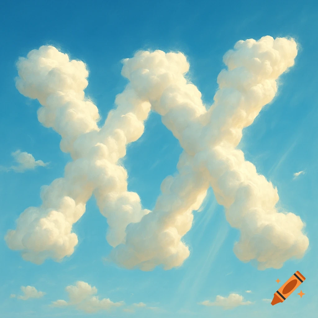 Two X shapes formed by fluffy white clouds against a bright blue sky with wispy clouds.