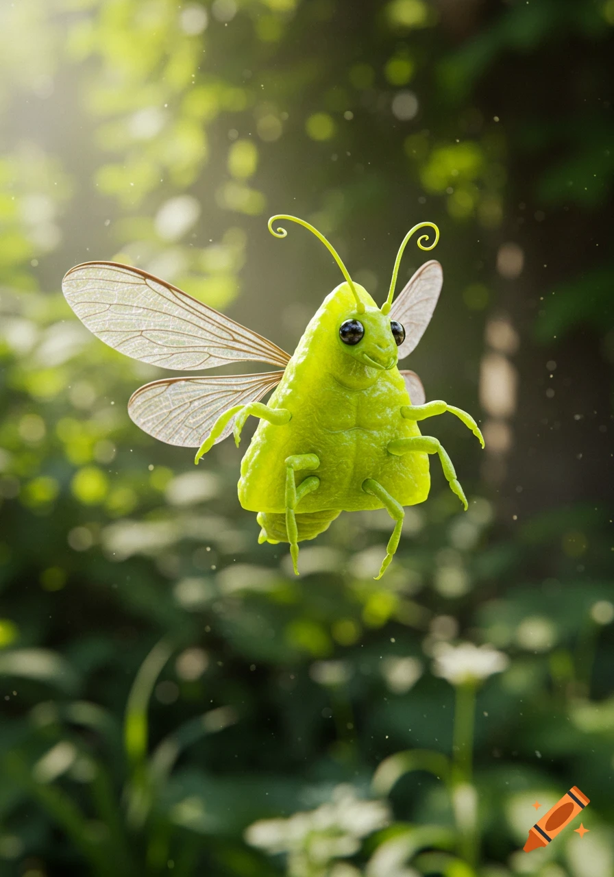 A cute, lime green, cartoon-like insect with transparent wings floats in a sunny, blurry green forest.