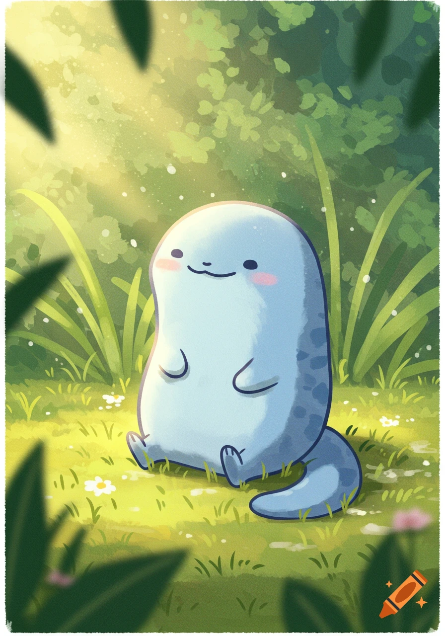 A cute, light blue, blob-like creature with a tail sits in sunny green grass surrounded by foliage in a soft anime style.