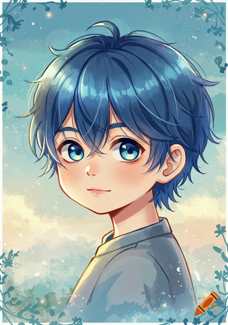 Anime portrait of a cute boy with messy blue hair and bright blue eyes, looking forward with a slight smile. Dreamy background.