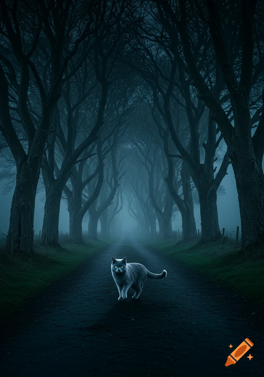 A grey cat walks on a dark, misty road through an avenue of intertwining, gnarled trees.