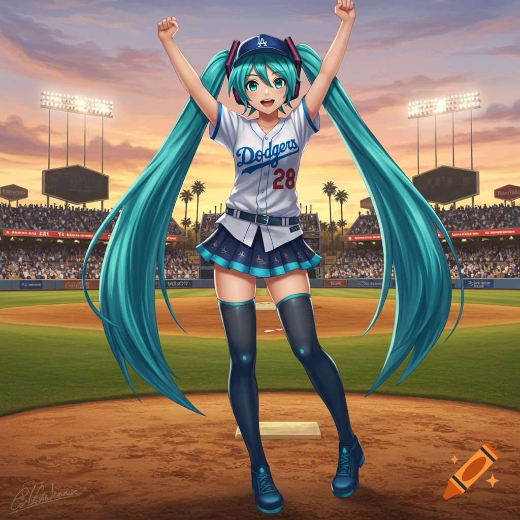 Hatsune Miku in a Dodgers baseball uniform, with turquoise pigtails, raising her arms in a stadium at sunset.