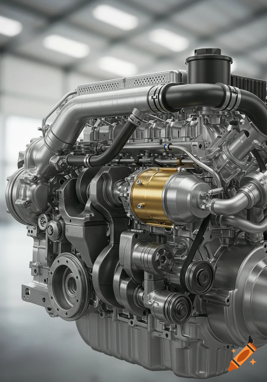 Detailed, photorealistic rendering of a diesel V8 engine with silver metallic components and a prominent gold-colored part.