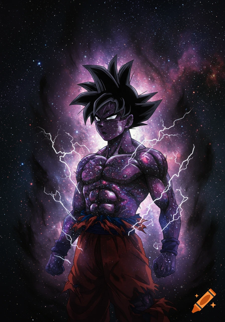 An anime illustration of Goku with dark spiky hair and cosmic-patterned skin, surrounded by lightning against a starry nebula.