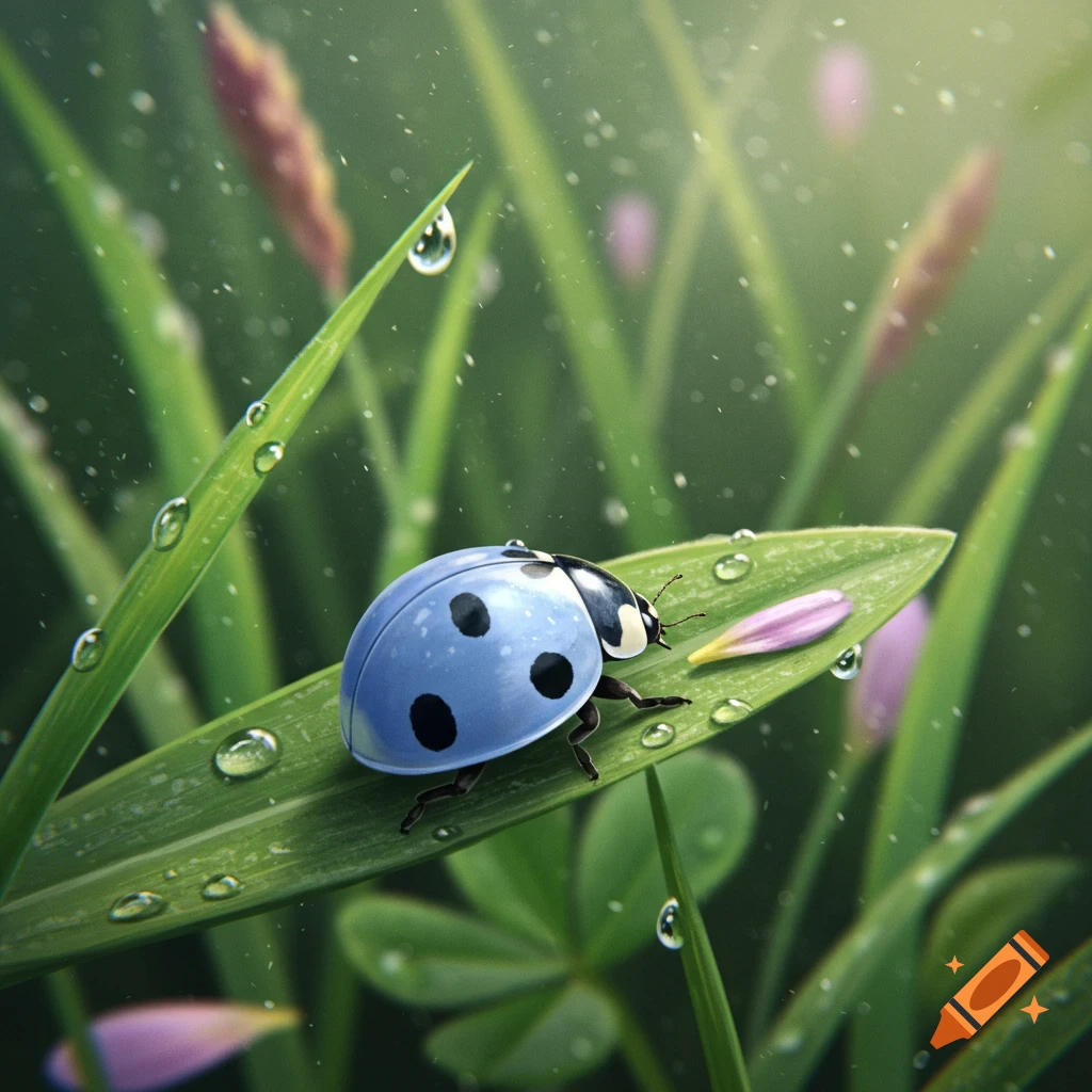 A light blue ladybug with black spots and a white border on a dewy green blade of grass. A pink petal lies nearby, with water droplets on the leaves.