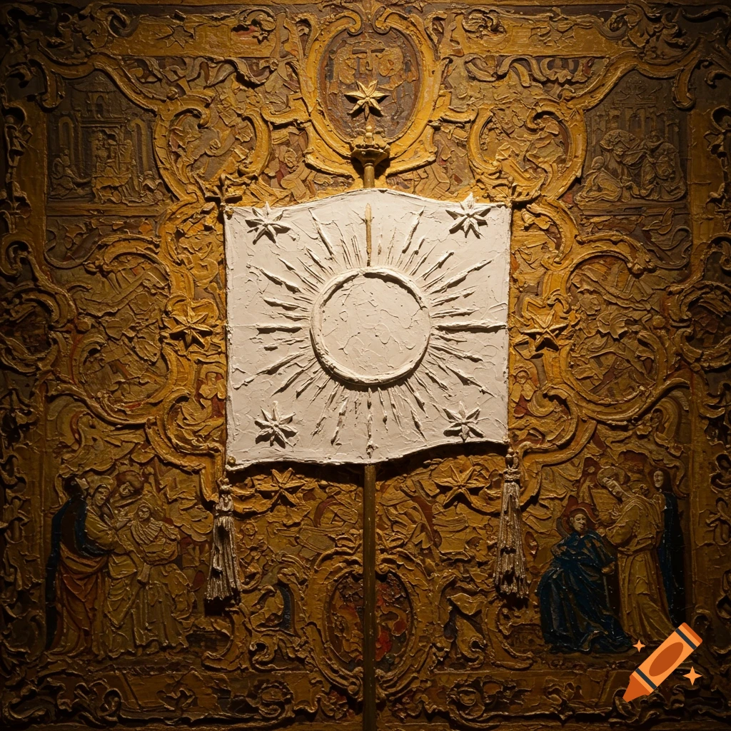 A Baroque oil painting features a textured white banner with a sun-like emblem and stars, against a rich, gold, ornately carved background with religious figures.