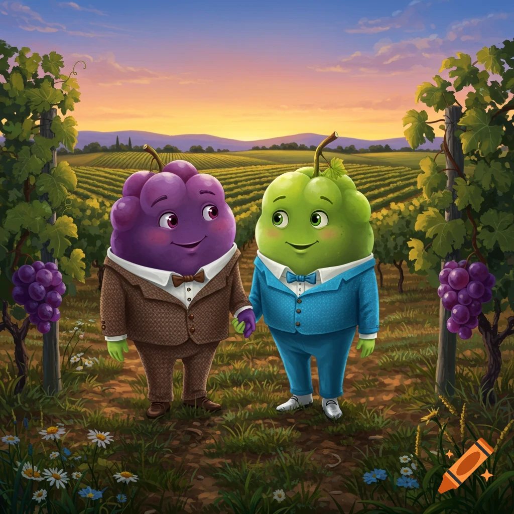 A purple grape in a tweed suit and a green grape in a blue suit hold hands in a sunny vineyard.