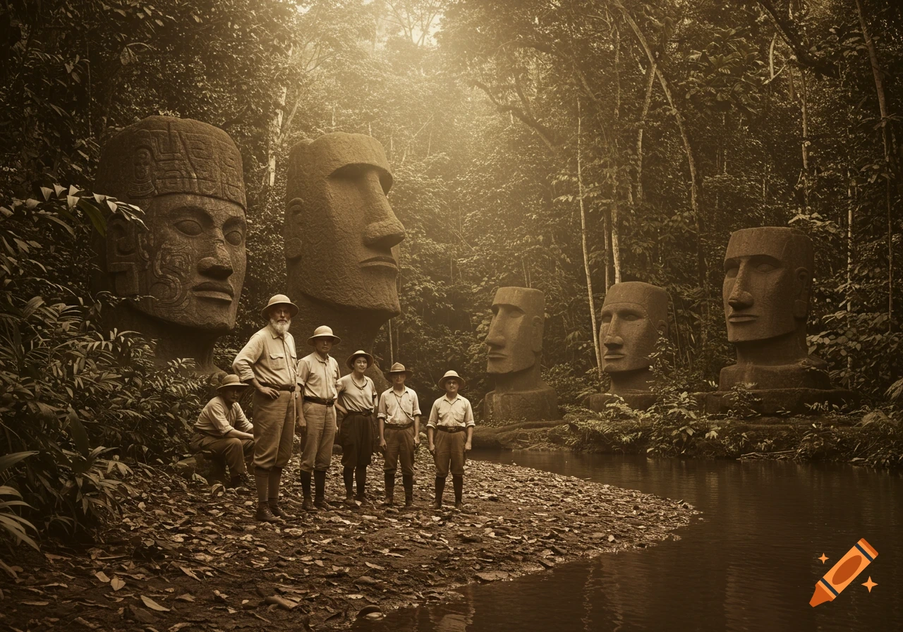 Sepia-toned vintage photo of explorers in a jungle, posing by a river in front of several large carved stone statues.