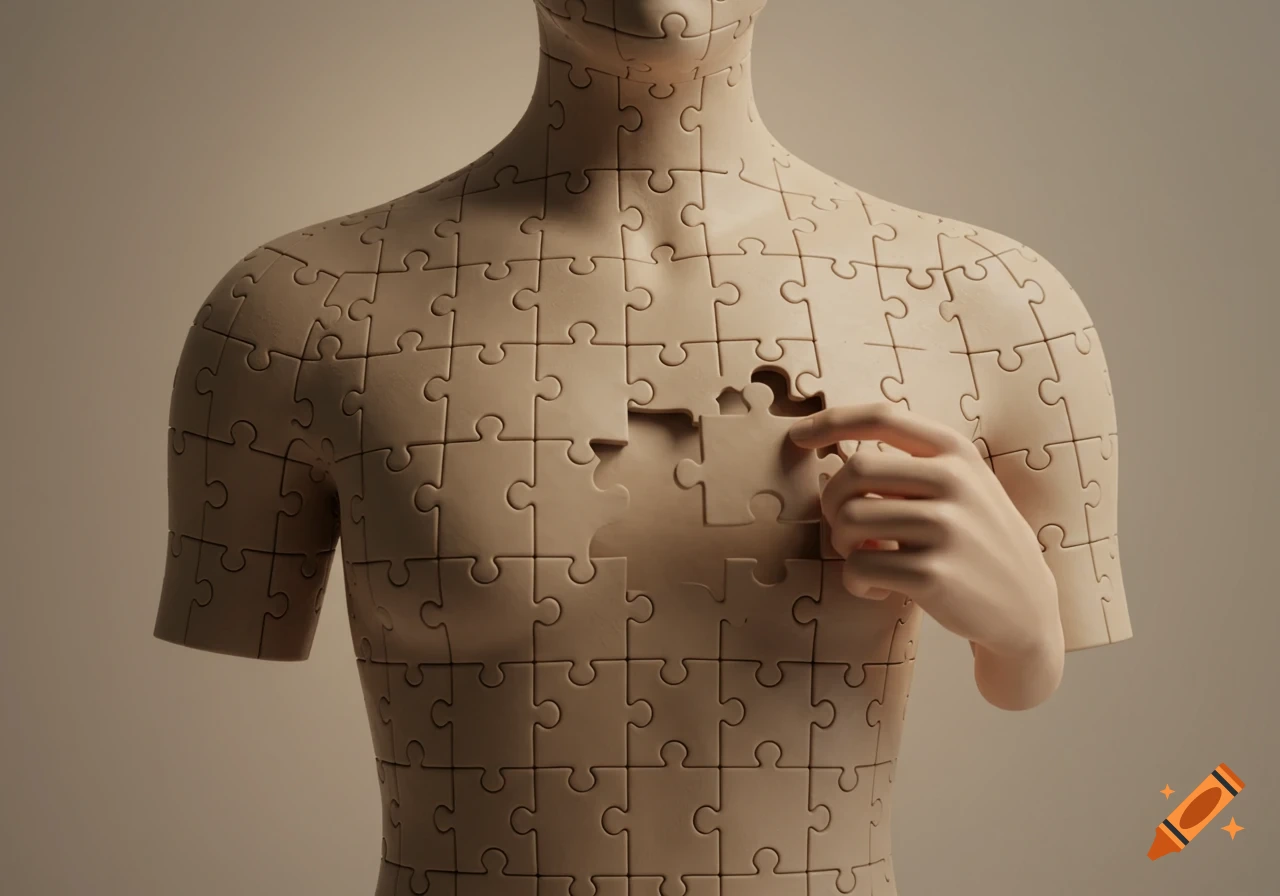 Photorealistic image of a human torso made of puzzle pieces, with a hand placing a missing piece into the chest.