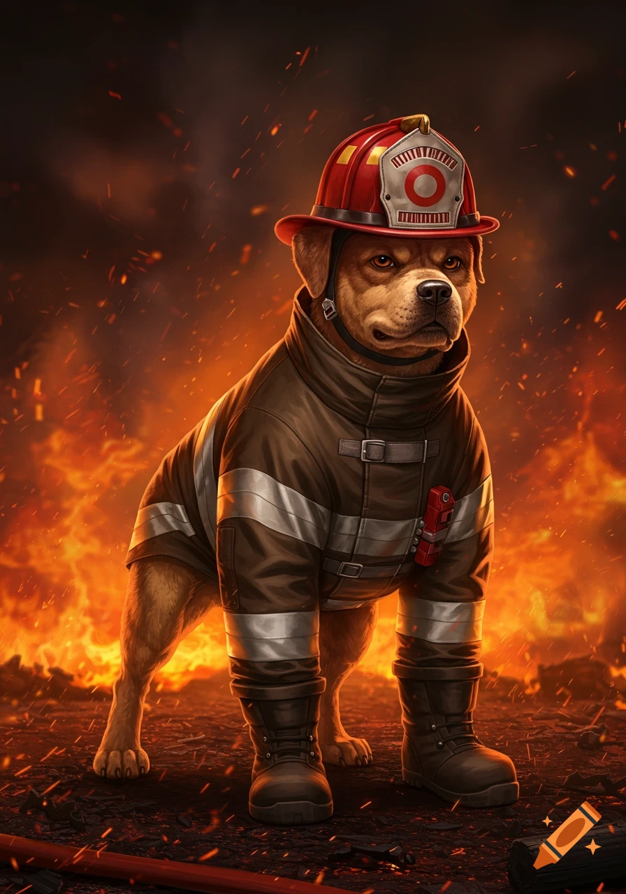 A serious-looking brown dog in a detailed firefighter uniform and helmet stands against a blazing background with embers.