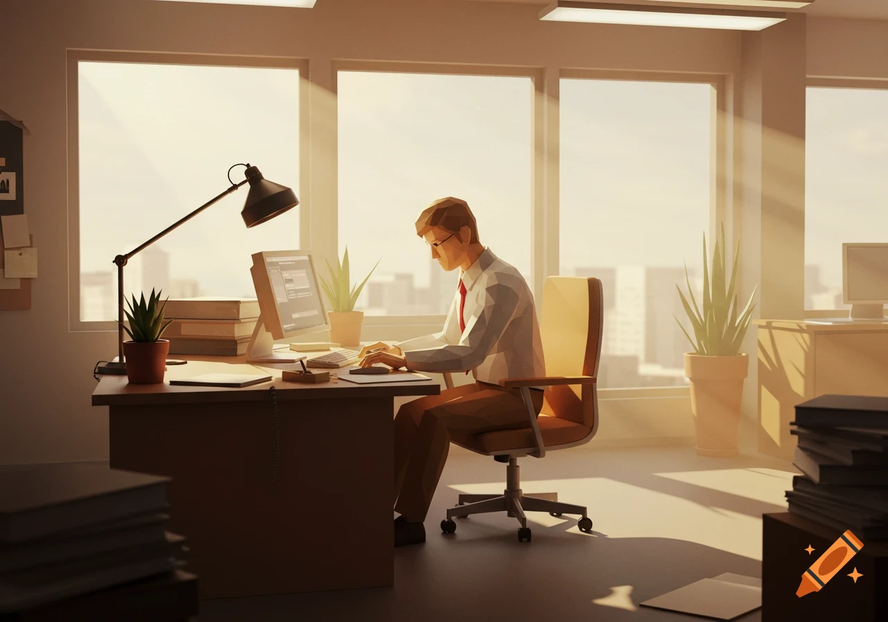 Low poly rendering of a man working on a computer at a desk in a sunlit office.