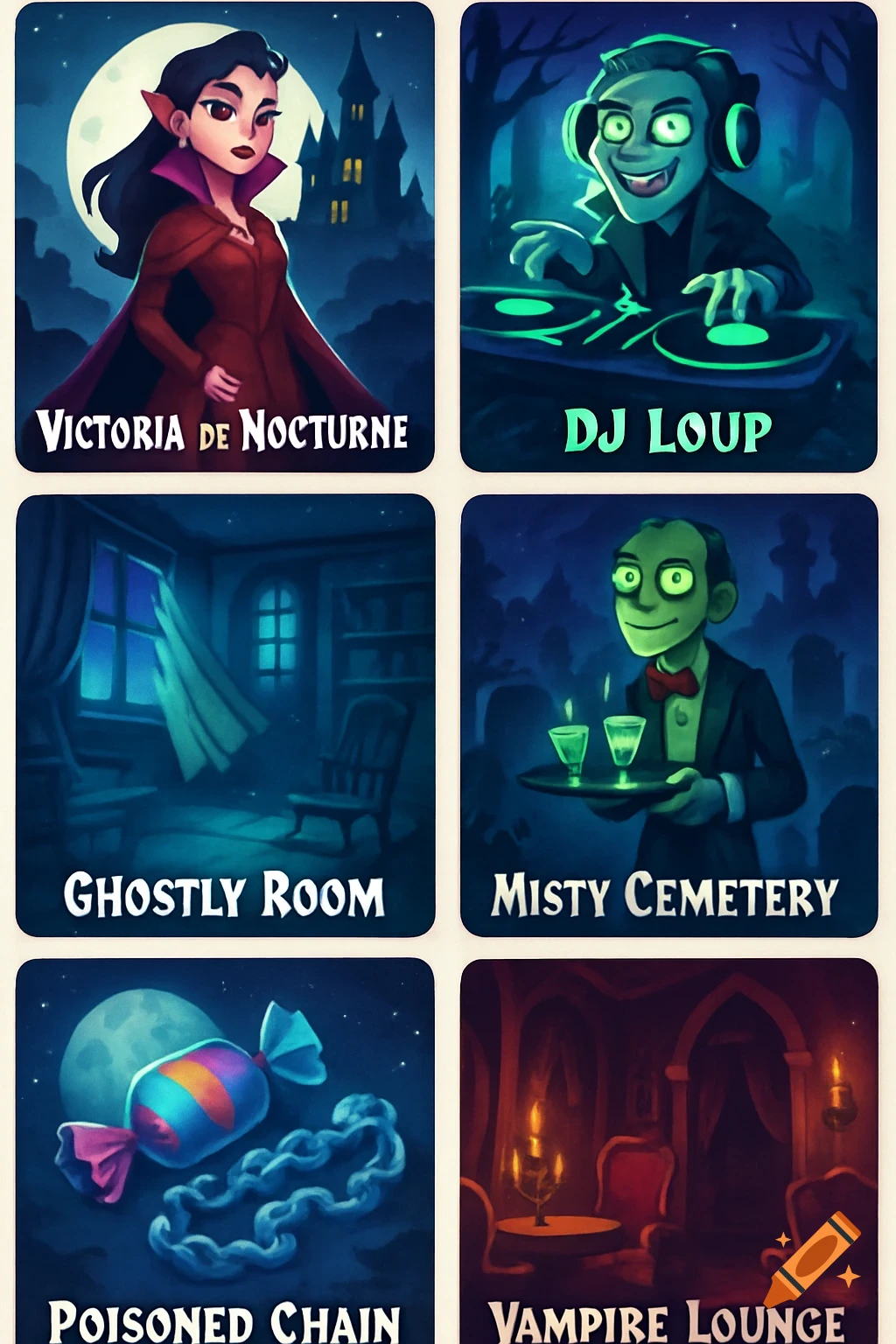 Six cartoon-style panels for a murder mystery game. They feature a vampire countess, a DJ werewolf, a ghostly room, a zombie butler in a misty cemetery, poisoned candy with a chain, and a vampire lounge.