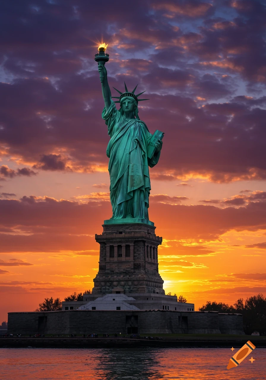 The Statue of Liberty stands tall against a vibrant sunset sky, reflecting in the water below.
