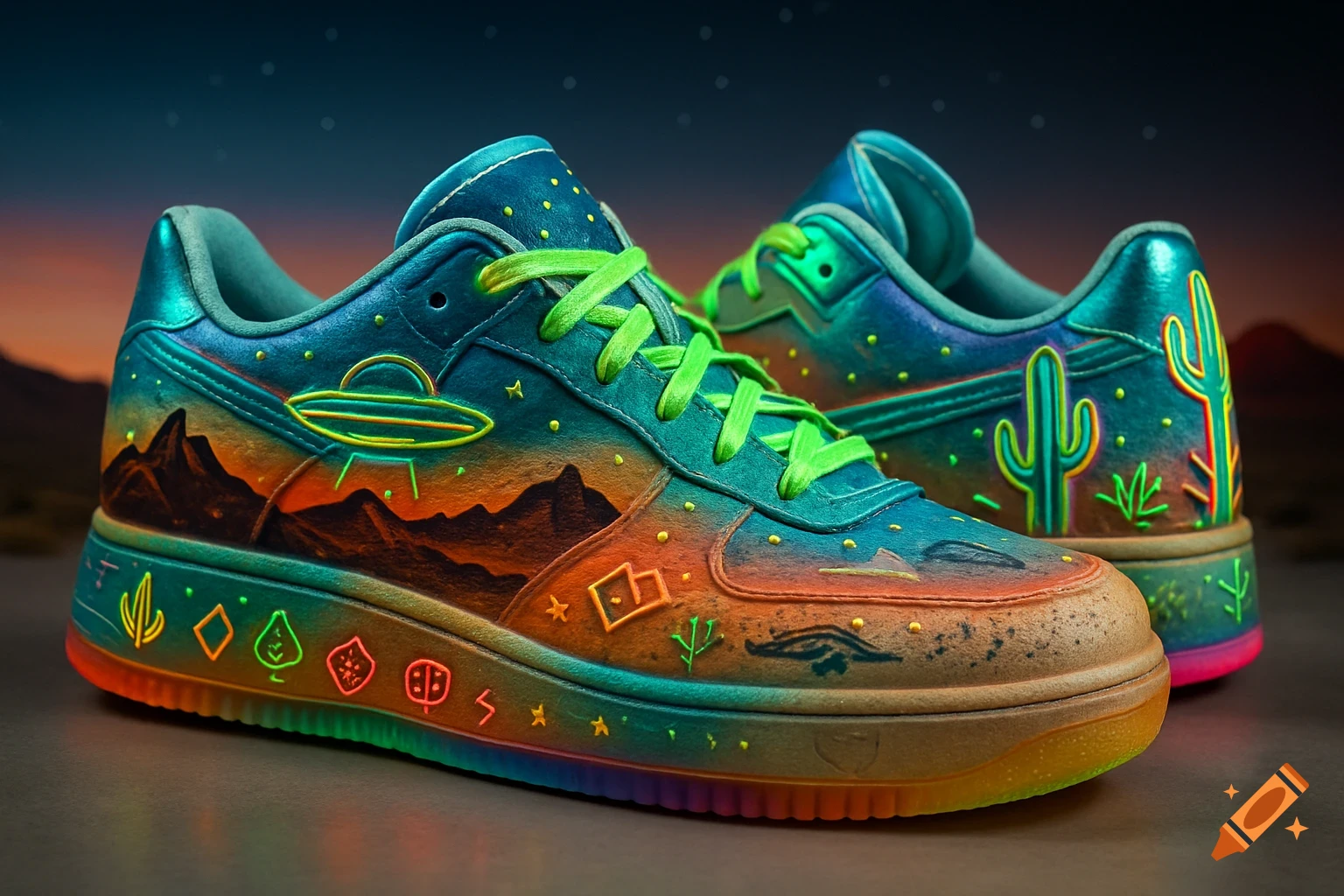 A pair of stylized sneakers featuring a desert landscape, a glowing UFO, cacti, mountains, and neon symbols under a starry night sky.
