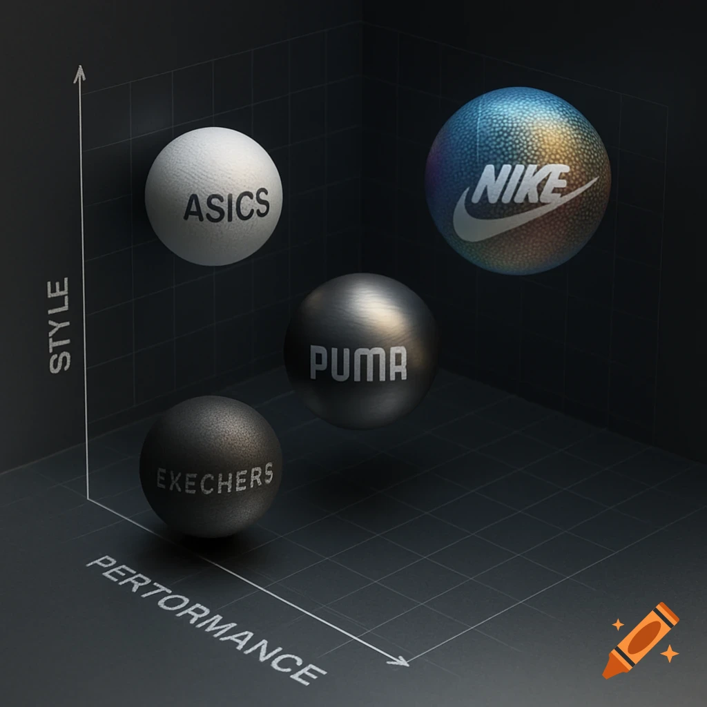3D chart on a dark grid plotting brand spheres for Nike, Puma, Asics, and Exechers by style and performance.