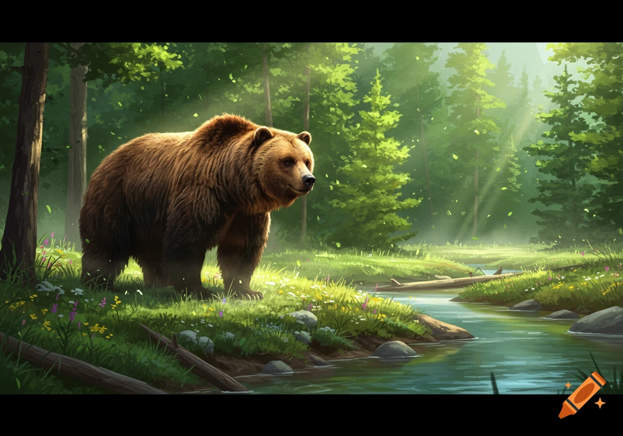 A brown grizzly bear stands in a sunlit forest next to a clear stream, depicted in a digital painting style.