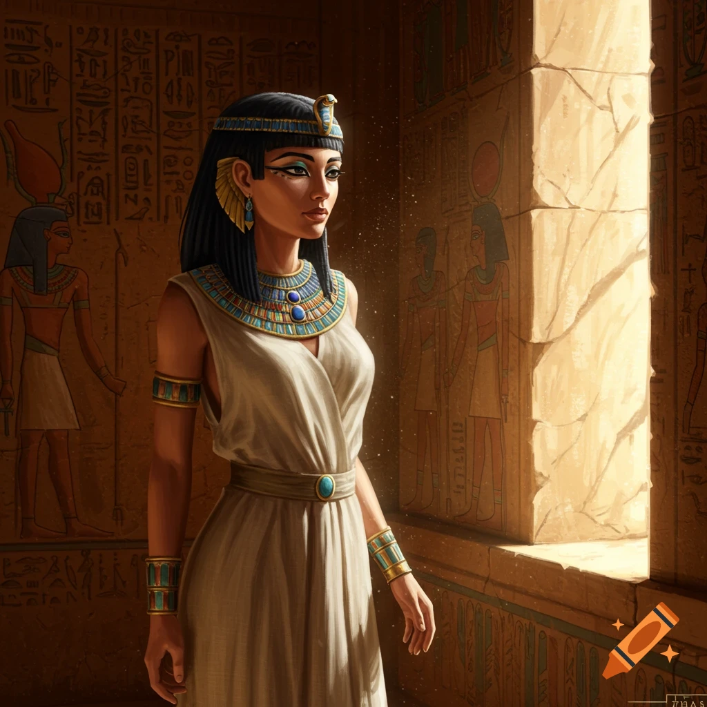 A beautiful Egyptian woman with elaborate jewelry and a white dress stands in a dimly lit chamber with hieroglyphic walls, sunlight streaming from a window.