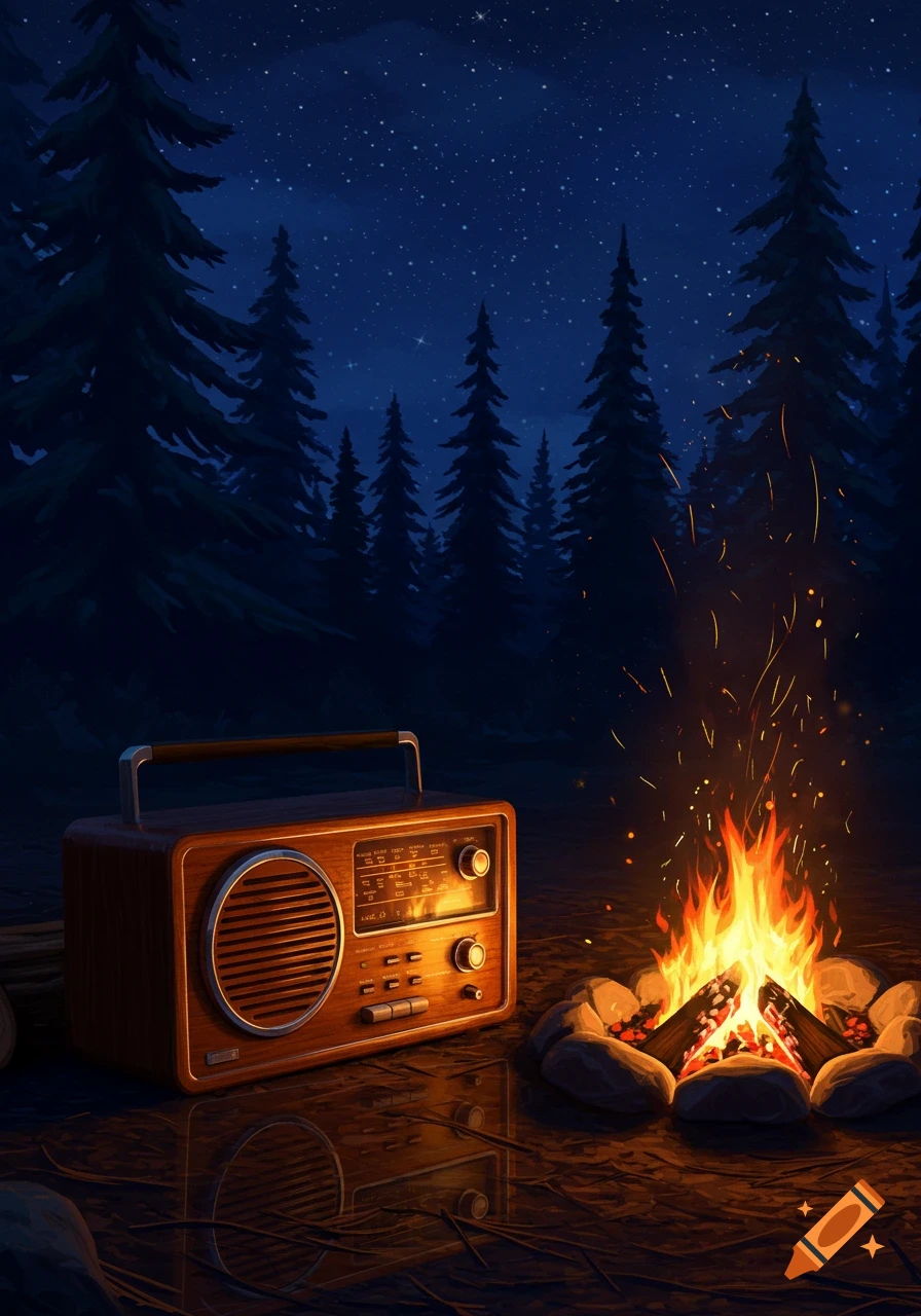 A retro wooden radio sits on the ground next to a crackling bonfire in a dark forest under a starry night sky.
