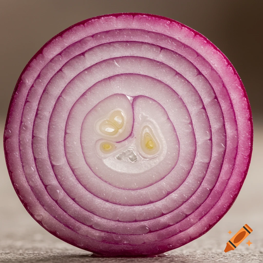 A macro shot of a single thin red onion slice showing its concentric purple and white rings with small water droplets.