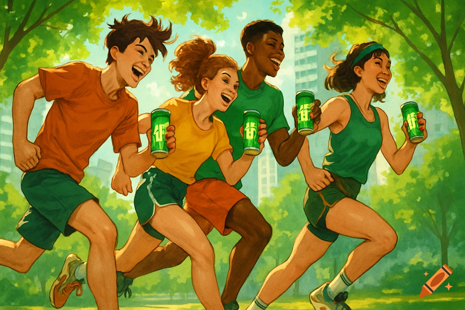Four smiling young people run through a park, each holding a green can. The scene is depicted in a vibrant, illustrative style.