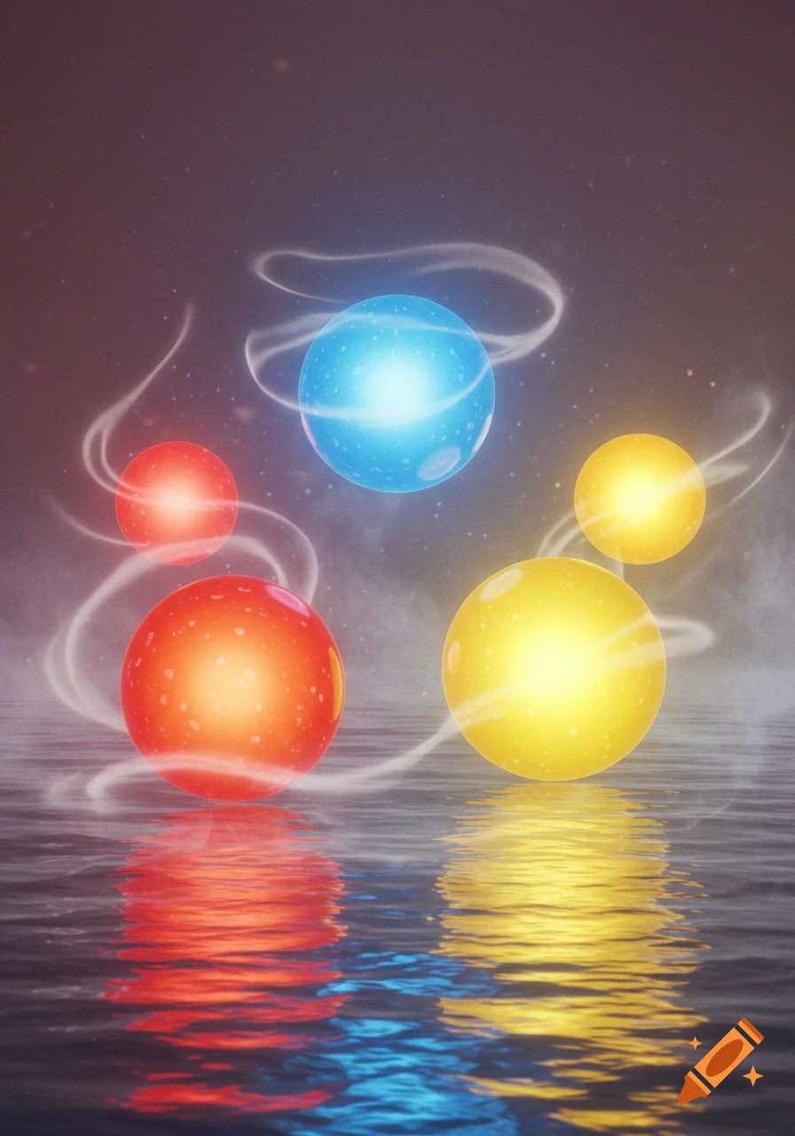 Four glowing, colorful orbs (red, blue, yellow) with swirling light wisps reflecting on a dark, misty body of water.