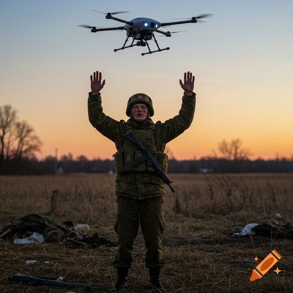 A photorealistic image of a soldier in camouflage uniform with arms raised in surrender, looking up at a drone hovering above him in a field at sunset.