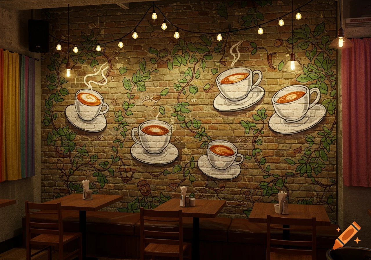 A cafe interior with a brick wall mural of steaming coffee cups and green vines, illuminated by string lights above tables.