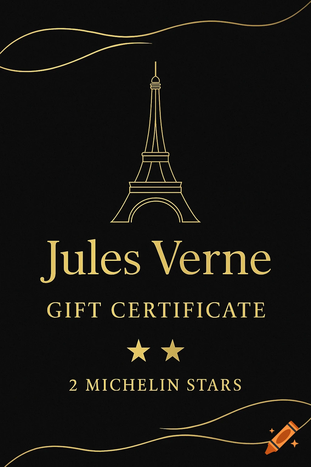 Elegant black and gold gift certificate for 'Jules Verne' with Eiffel Tower, 'GIFT CERTIFICATE', and '2 MICHELIN STARS' text, featuring two stars and wavy accents.