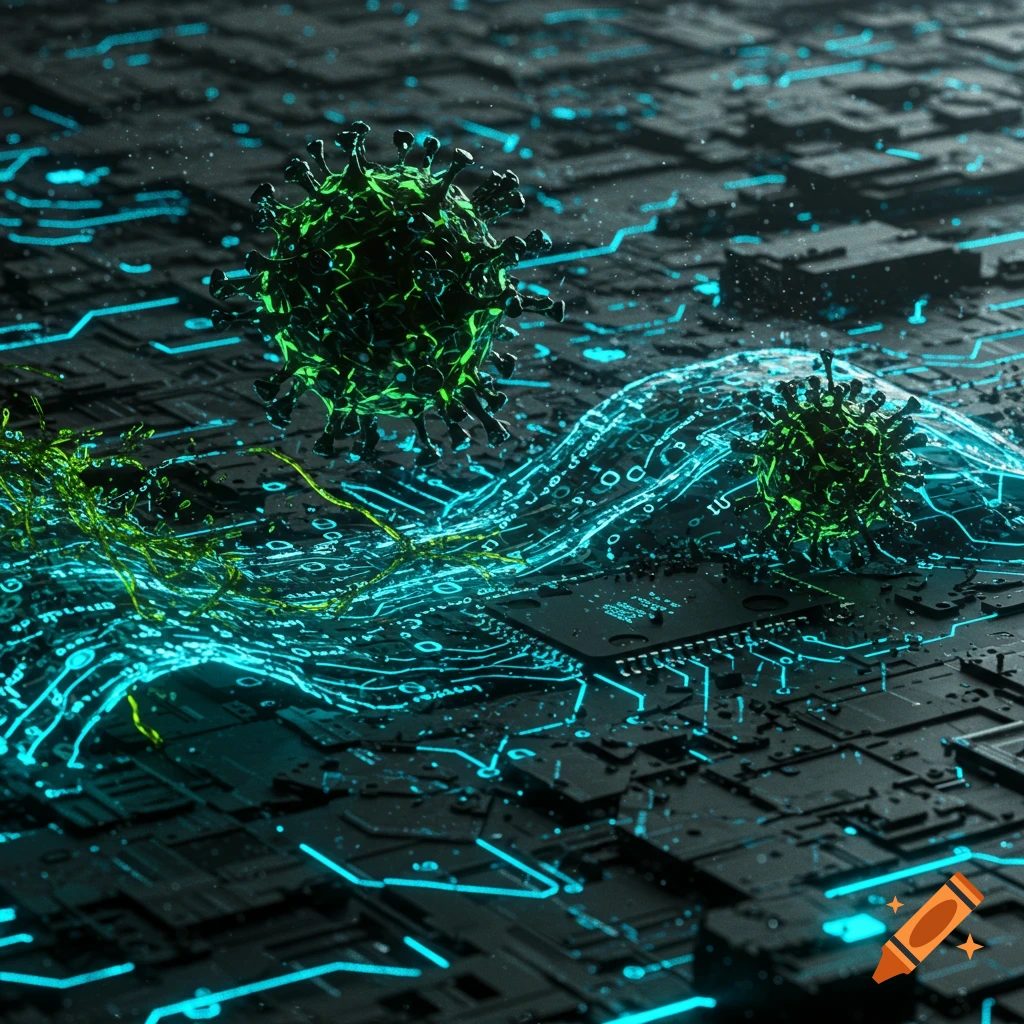 Stylized green virus particles floating above a dark circuit board with glowing blue and green data pathways.